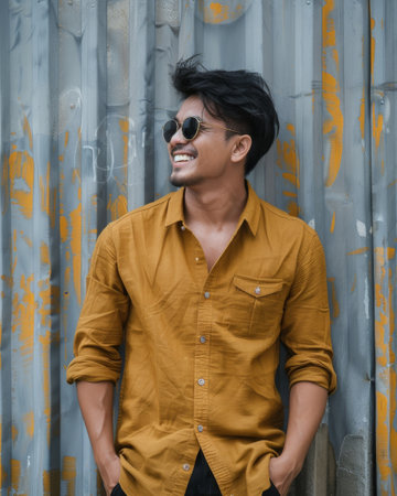 Stylish Filipino man in a yellow shirt posing against a textured wallの素材