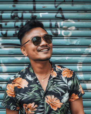 Fashionable Filipino male posing in a floral shirt with urban graffiti backgroundの素材