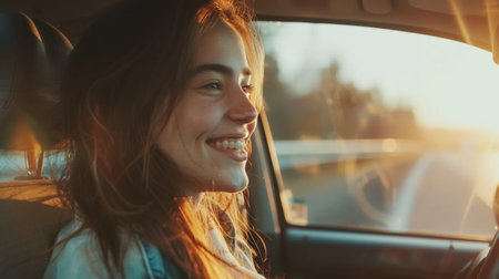 Young woman enjoys a sunny road trip, driving car with joyの素材