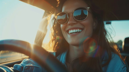 Joyful woman enjoying a sunny drive in her car with stylish sunglassesの素材