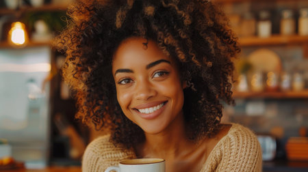 Radiant young African American woman enjoying coffee in a cozy cafeの素材