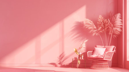 Elegant pink monochrome room with a stylish wicker chair and decorの素材