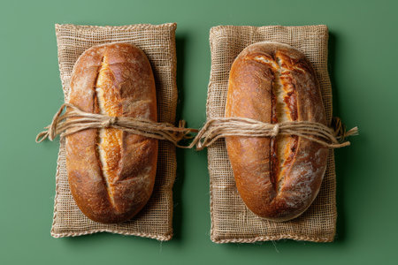 Fresh homemade artisan bread loaves tied on burlap on green backgroundの素材