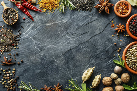 Top view of assorted spices and herbs on slate background for culinary conceptsの素材