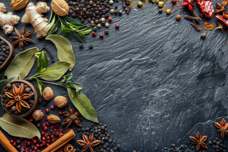 Assortment of exotic spices and herbs top view on dark slate backgroundの素材