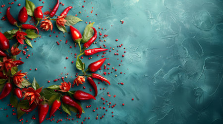 Top view of vibrant red hot chili peppers and scattered spices on a textured blue backgroundの素材