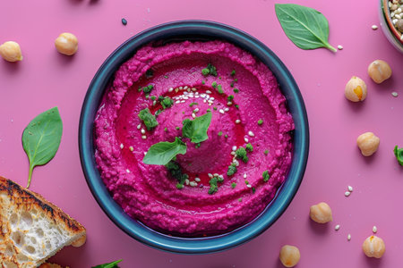 Top view of vibrant beetroot hummus garnished with herbs on a pink backdropの素材