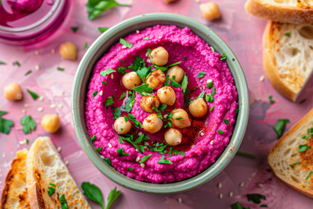 Appetizing beetroot hummus topped with chickpeas and herbs on a tableの素材