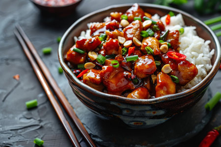 Delicious Kung Pao chicken with rice and spices in a bowlの素材