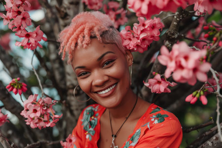 Radiant smile of a joyful Panamanian woman with pastel pink dyed hair among blooming flowersの素材