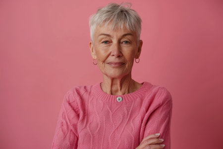 Elderly woman in a pink sweater proudly displays vaccination site on armの素材