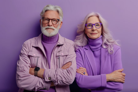 Stylish senior couple posing with confidence in trendy monochrome purple outfitsの素材