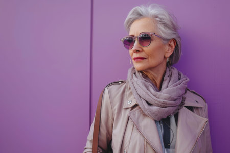 Elegant senior woman in stylish outfit standing against a purple backgroundの素材