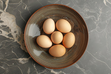 Top view of raw chicken eggs in a ceramic bowl on a marbled backgroundの素材