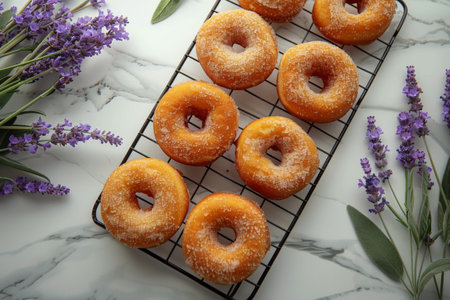 Sugary donuts on cooling rack with lavender flowers on marble backgroundの素材