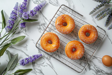 Top view of sugar-glazed donuts on a cooling rack with fresh flowers and eggs on a marble backgroundの素材