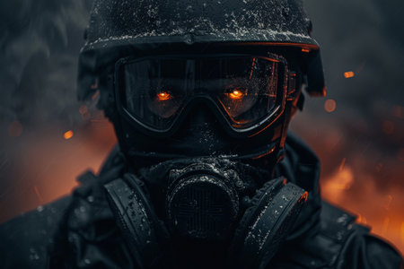 Mysterious squad fighter in full gear with glowing goggles in rainの素材