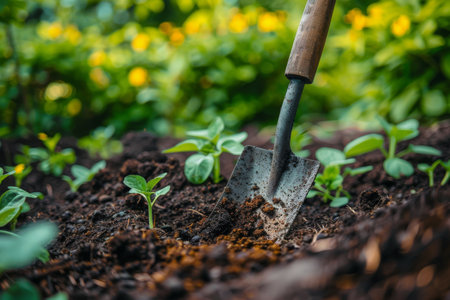 Close-up of a garden spade in fertile soil with young plants growingの素材
