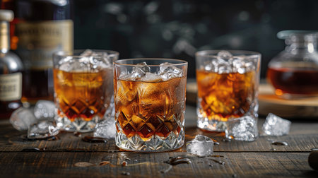 Elegant whiskey glasses with ice on a dark wooden table in a moody settingの素材