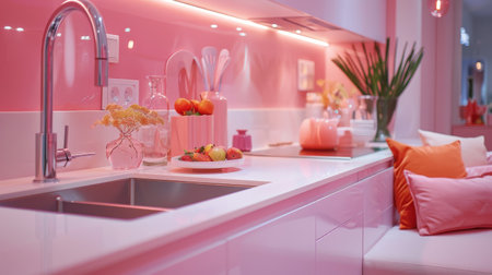 Modern kitchen interior with pink ambient lighting and a sleek white countertopの素材