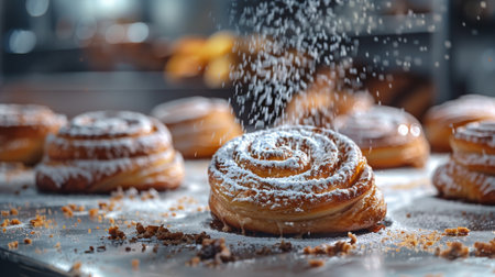 Dusting powdered sugar on delicious fresh baked pastries in a bakeryの素材