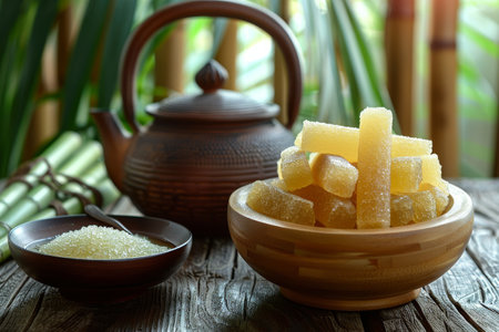 Natural brown sugar cane sticks in a wooden bowl with tea setの素材