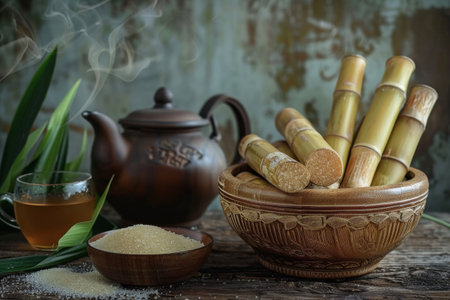 Organic brown sugar cane in a wooden bowl with tea setの素材
