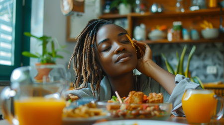Young black woman enjoying a peaceful moment with a tasty breakfastの素材