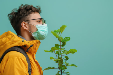 Youthful environmentalist in yellow jacket assessing air purity with a plant against teal backdropの素材