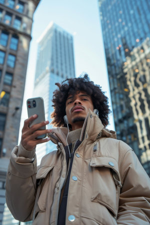 Young ethnic male using smartphone in urban setting with skyscrapersの素材