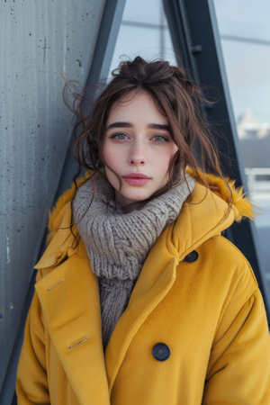 Stylish young woman in a vibrant yellow coat enjoying a winter dayの素材