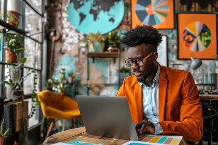 Business professional in orange blazer analyzing data on laptop in a creative office spaceの素材