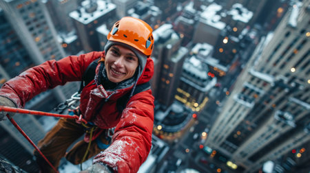 Adventurous climber scaling a building with a safety rope against an urban backdropの素材