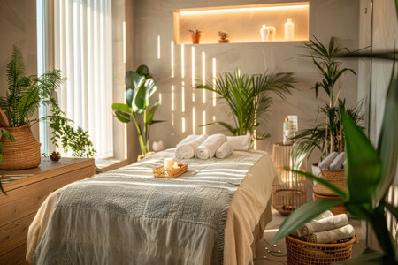Soothing spa ambiance with facial treatment setup in natural lightの素材