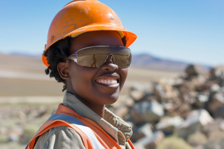 Cheerful gas field worker in a desert setting with safety gearの素材