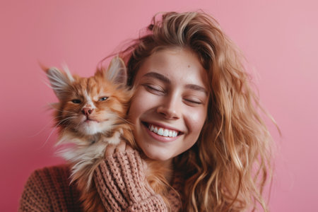 Joyful young woman embracing a fluffy Maine Coon cat against a pink backgroundの素材