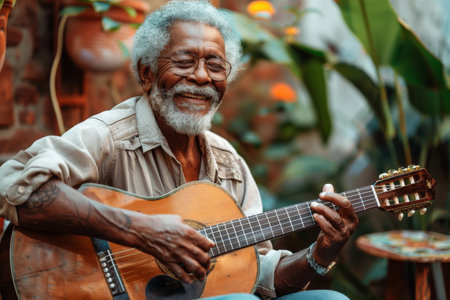 Elderly man playing guitar outdoors, sharing music and joy with familyの素材
