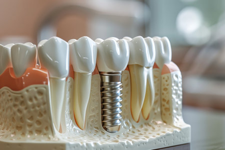 Close-up view of dental implant model in a dentists officeの素材