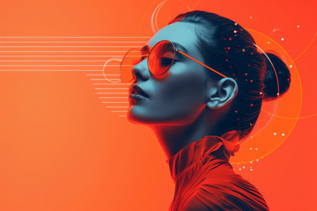 Futuristic female with abstract digital art concept on vibrant orange backgroundの素材