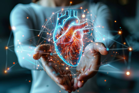 Digital health concept with a virtual heart diagram held in handsの素材