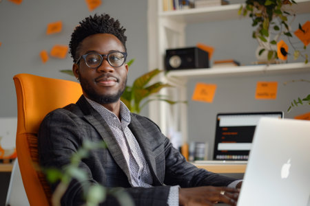 Confident young business professional working in a modern officeの素材