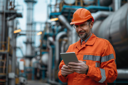Expert male engineer in orange jumpsuit using tablet at industrial plantの素材