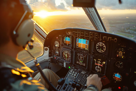Pilot in cockpit checking instruments with a sunny backgroundの素材