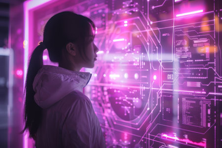 Woman engaging with futuristic interactive tech interface in purple tonesの素材