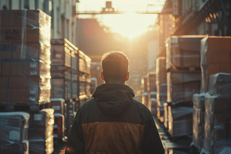 Content worker standing among freight on a sunny day at warehouse districtの素材