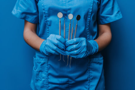 Dental assistant in blue uniform holding dental instruments against a blue background