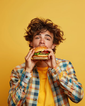 Funny portrait of young Caucasian man in casual clothes holding a big burger on yellow background. Hungry guy eats fast food with gusto. Unhealthy food and nutrition concept.の素材