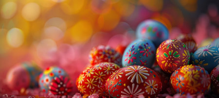 A bunch of hand painted Easter eggs on colorful background with bokeh effect. Easter decoration, banner, panorama, background with copy space for text. Happy Easter.の素材