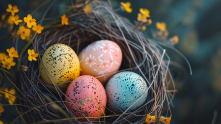 Colorful hand painted Easter eggs in the birds nest and a blooming branch on a dark background. Easter decoration, banner, panorama, background with copy space for text. Happy Easter.の素材