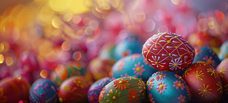 A bunch of hand painted Easter eggs on colorful background with bokeh effect. Easter decoration, banner, panorama, background with copy space for text. Happy Easter.の素材